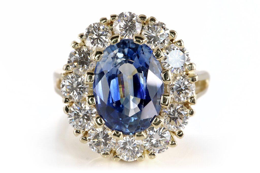 Ring Saphir 3,0 ct + 12 Brillanten 1,2 ct 585 Gelbgold IGI Gr 55 [BRORS 20422]