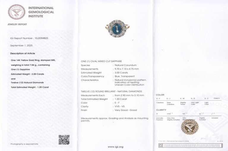 Ring Saphir 3,0 ct + 12 Brillanten 1,2 ct 585 Gelbgold IGI Gr 55 [BRORS 20422]