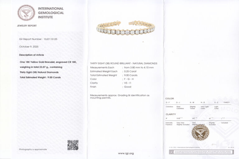 Tennisarmband 38 Brillanten insg ca 9,0 ct 750 Gelbgold IGI [BRORS 17781]