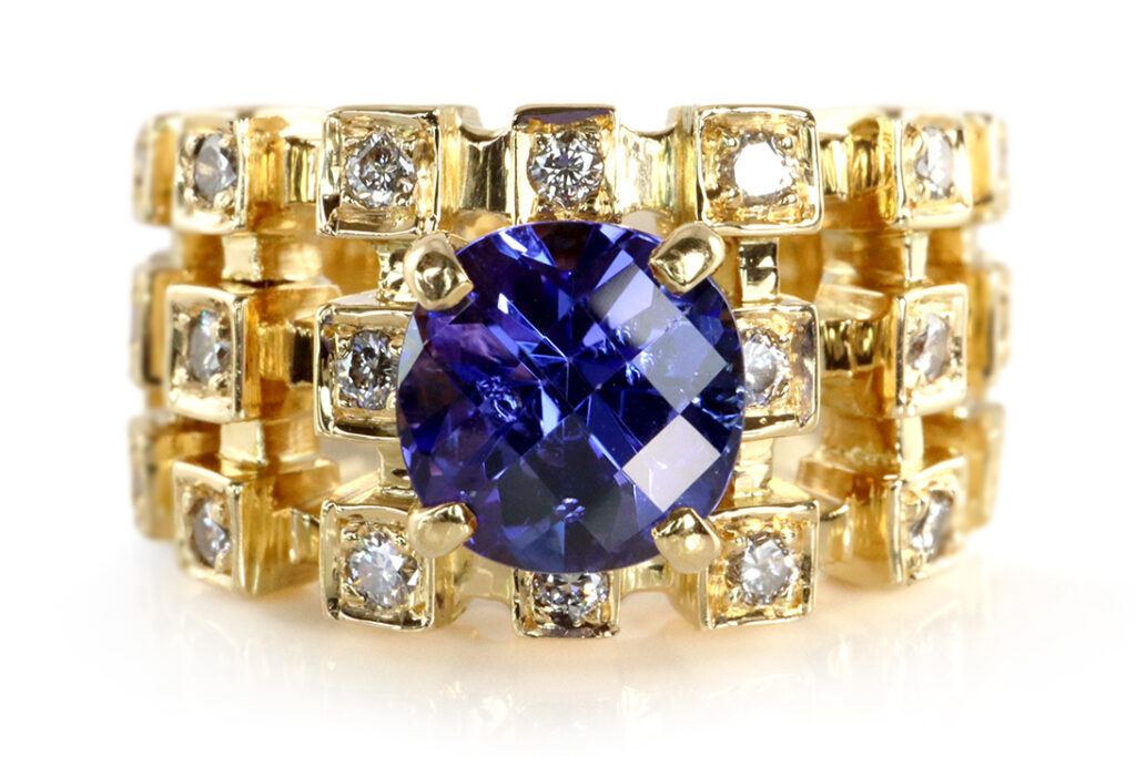 Ring Tansanit 2,5 ct + 20 Brillanten 0,40 ct G-H/VVS 750 Gelbgold [BRORS 19479]