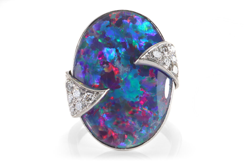 Ring schwarze Opal Triplette schönes Farbspiel 12 Brillanten Gr 60 [BRORS 19700]