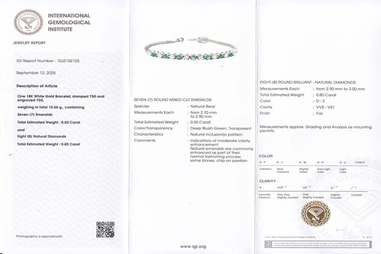 Armband 7 Smaragde 0,50 ct + 8 Brillanten 0,80 ct D-E/VVS-VS 1 IGI [BRORS 20444]