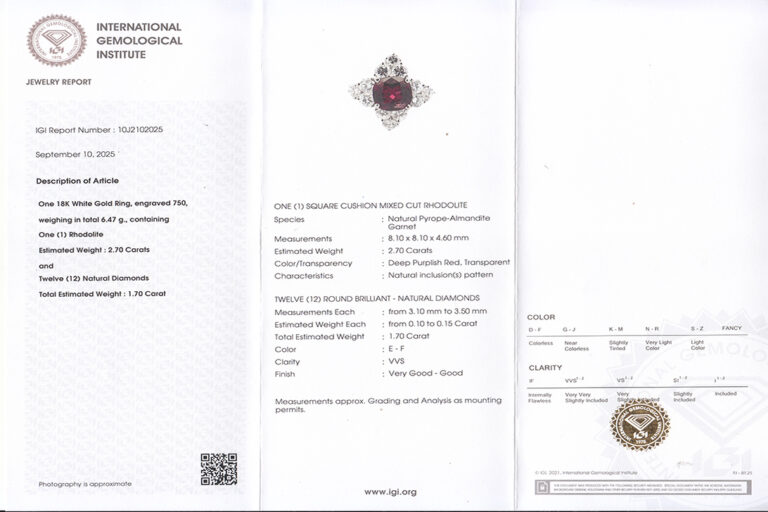 Ring Rhodolith 2,7 ct + 12 Brillanten 1,7 ct E-F/VVS 750 Gold IGI [BRORS 20453]