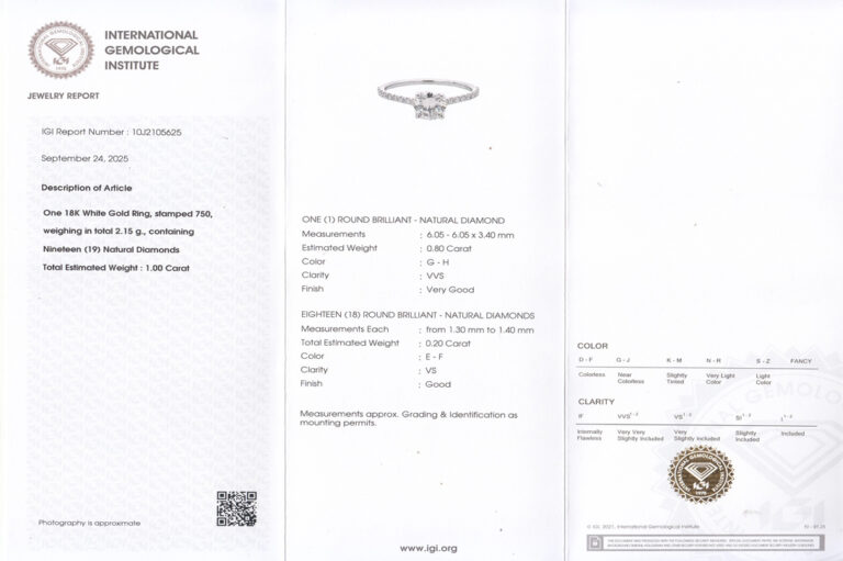 Ring 1 Brillant 0,80 ct G-H/VVS 750 Weißgold IGI Gutachten Gr. 54 [BRORS 20460]