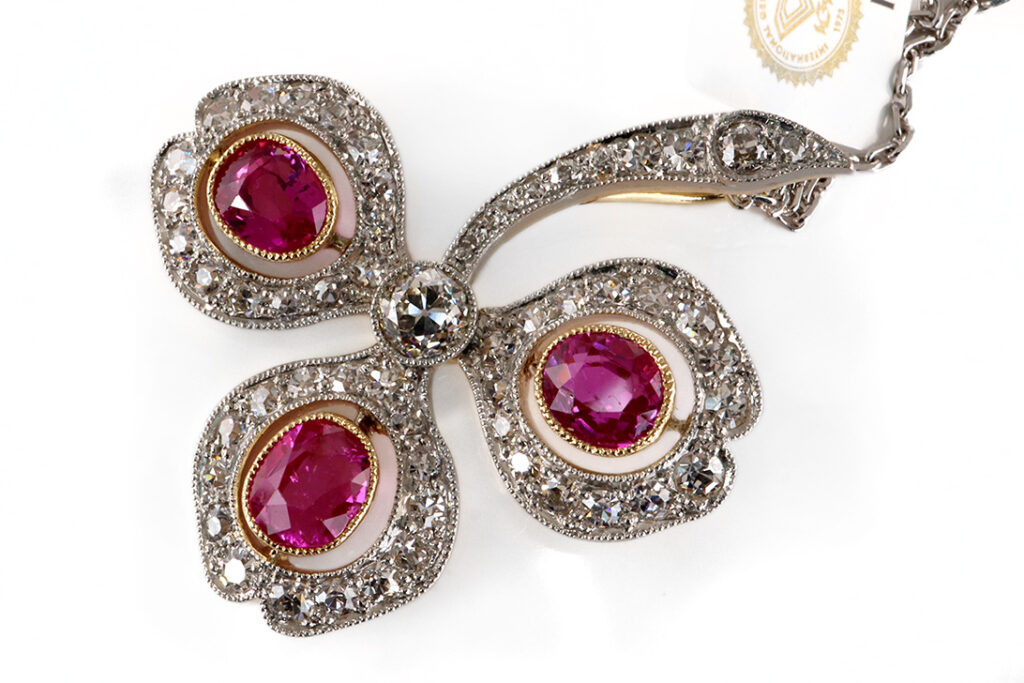 Kette Anhänger 3 Pinke Sapphire Burma Diamanten 585 Gold PL IGI [BRORS 20479]