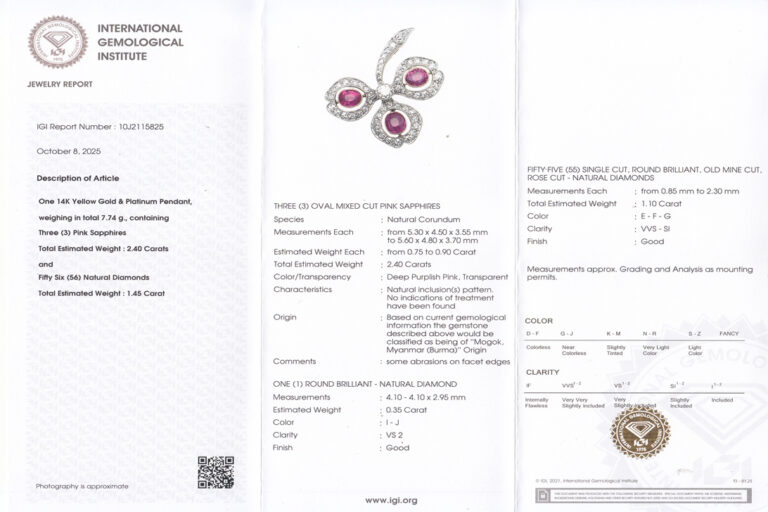 Kette Anhänger 3 Pinke Sapphire Burma Diamanten 585 Gold PL IGI [BRORS 20479]