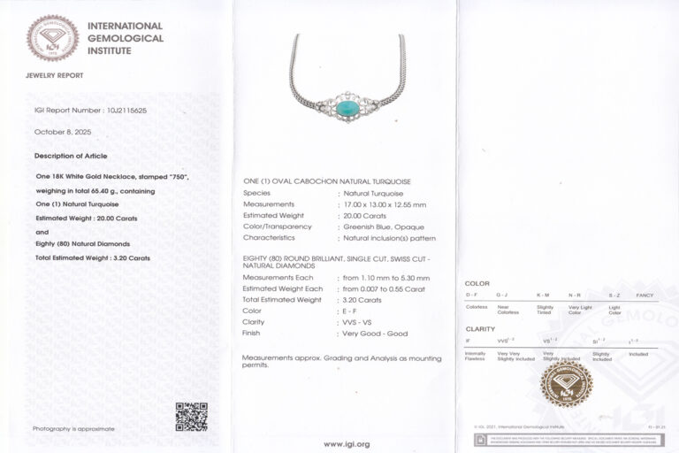 Collier 1 Türkis ca. 20,0 ct + 80 Diamantgen ca. 3,20 ct + IGI [BRORS 20481]