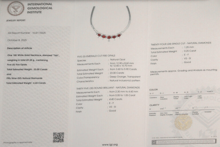 Collier 5 Feueropale 23 ct + 59 Diamanten 4,6 ct River-TW Gold IGI [BRORS 20483]