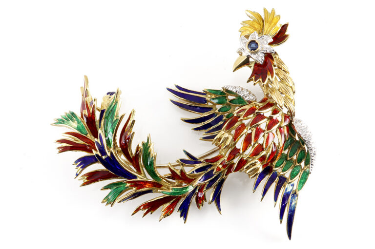 Brosche Kampfhahn Feuervogel Hahn Emaille Diamanten Saphir 750 IGI [BRORS 18838]