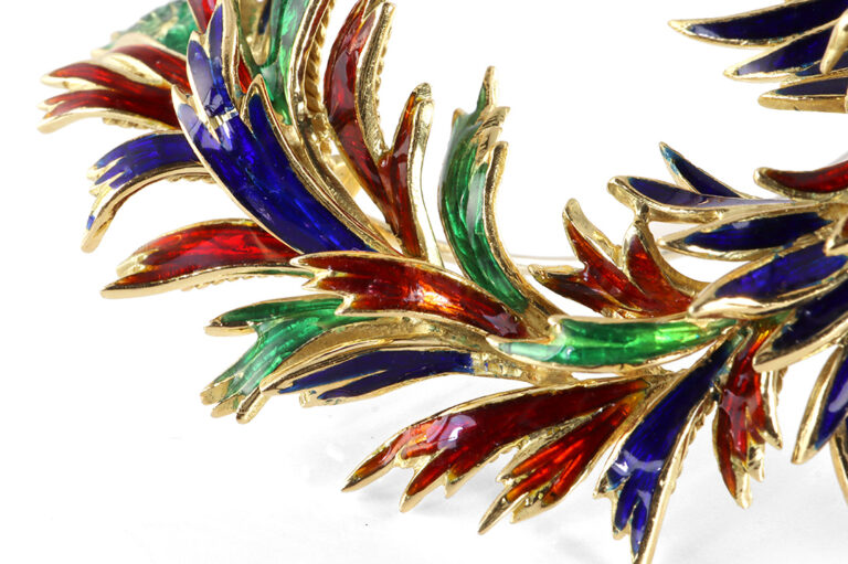 Brosche Kampfhahn Feuervogel Hahn Emaille Diamanten Saphir 750 IGI [BRORS 18838]