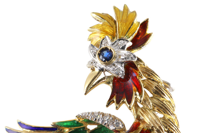 Brosche Kampfhahn Feuervogel Hahn Emaille Diamanten Saphir 750 IGI [BRORS 18838]