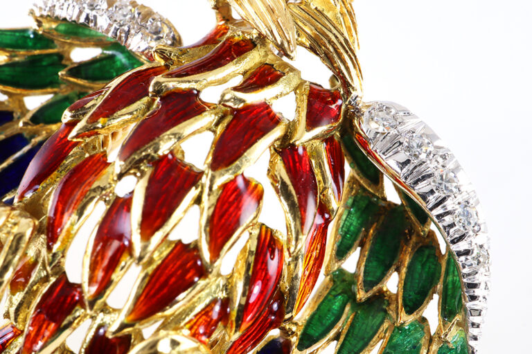 Brosche Kampfhahn Feuervogel Hahn Emaille Diamanten Saphir 750 IGI [BRORS 18838]