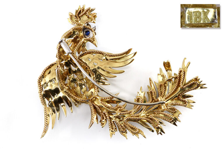 Brosche Kampfhahn Feuervogel Hahn Emaille Diamanten Saphir 750 IGI [BRORS 18838]