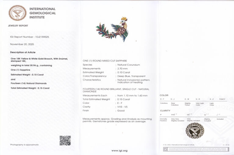 Brosche Kampfhahn Feuervogel Hahn Emaille Diamanten Saphir 750 IGI [BRORS 18838]