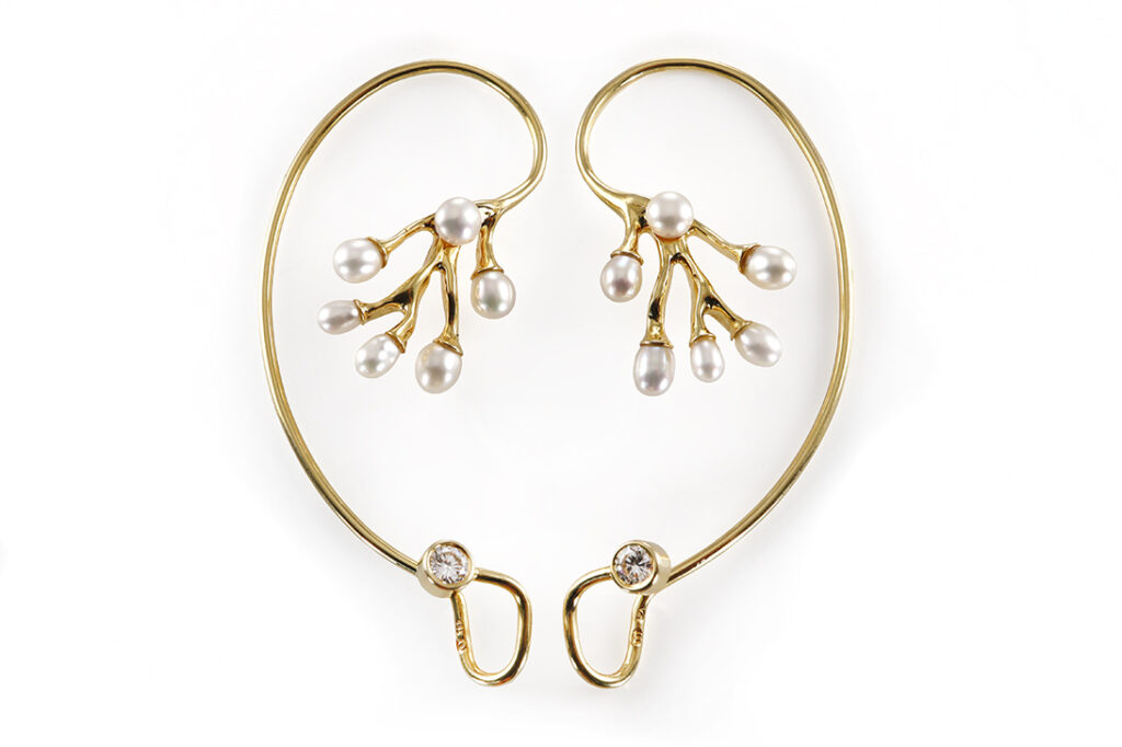 Ohrmuschel Ohrring Ear Wrap Flogaus 2 Brillanten 0,5 ct Perlen 750 [BRORS 20525]