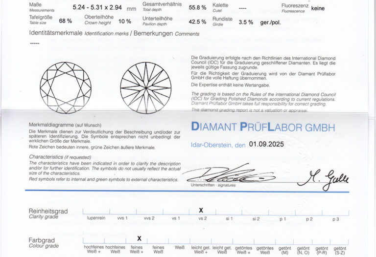 Ring 1 Brillant 0,49 ct F/VS2 + 2 Diamanten 750 Gold DPL Gr. 54 [BRORS 20550]