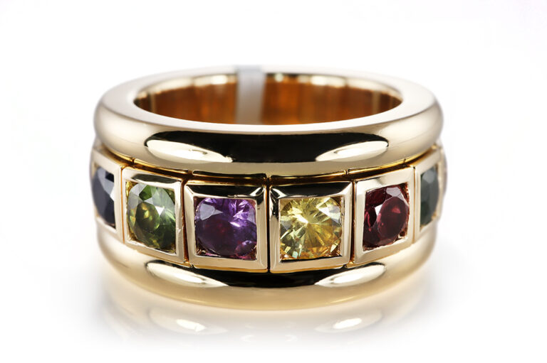 Drehring 15 Saphire *Regenbogen* 9,0 ct 750 Gelbgold IGI Gr 67 [BRORS 20561]