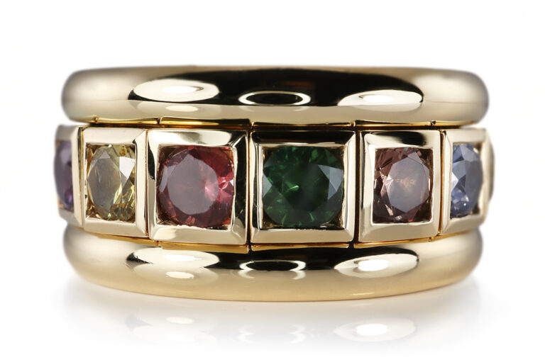 Drehring 15 Saphire *Regenbogen* 9,0 ct 750 Gelbgold IGI Gr 67 [BRORS 20561]