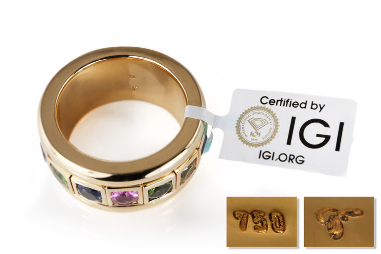 Drehring 15 Saphire *Regenbogen* 9,0 ct 750 Gelbgold IGI Gr 67 [BRORS 20561]