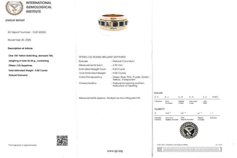 Drehring 15 Saphire *Regenbogen* 9,0 ct 750 Gelbgold IGI Gr 67 [BRORS 20561]