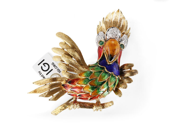Brosche Kakadu Papagei Emaille Diamanten Smaragde 750 Gold IGI [BRORS 20564]