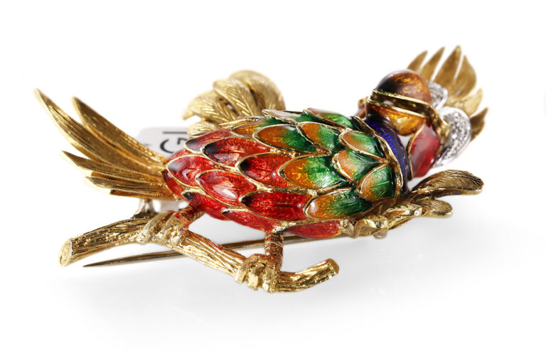 Brosche Kakadu Papagei Emaille Diamanten Smaragde 750 Gold IGI [BRORS 20564]