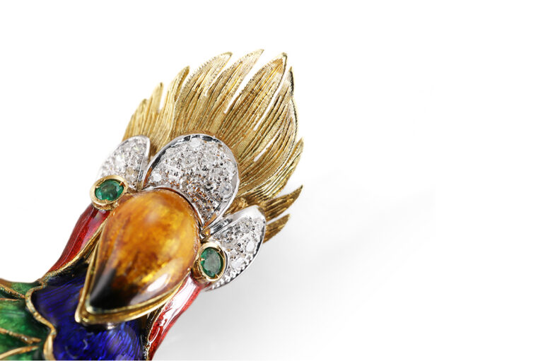 Brosche Kakadu Papagei Emaille Diamanten Smaragde 750 Gold IGI [BRORS 20564]
