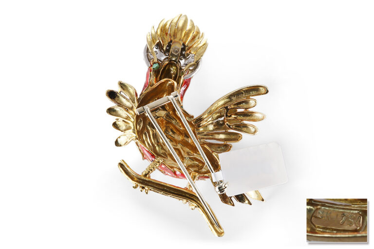 Brosche Kakadu Papagei Emaille Diamanten Smaragde 750 Gold IGI [BRORS 20564]