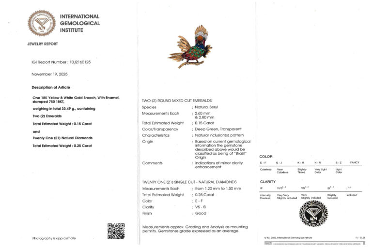 Brosche Kakadu Papagei Emaille Diamanten Smaragde 750 Gold IGI [BRORS 20564]