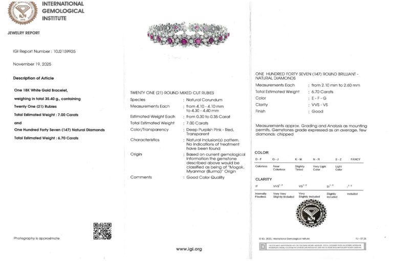 Armband MOGOK Rubine unbehandelt 7,0 ct Brillanten 6,7 ct 750 IGI [BRORS 20566]
