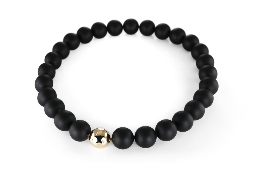 Schubart Onyx Kette 27 Kugeln 8 Brillanten ca 0,16 ct 750 Gelbgold [BRORS 20579]