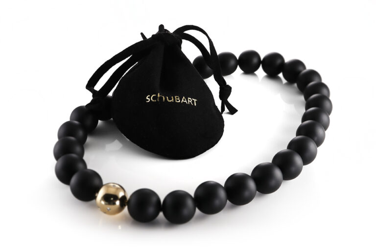 Schubart Onyx Kette 27 Kugeln 8 Brillanten ca 0,16 ct 750 Gelbgold [BRORS 20579]