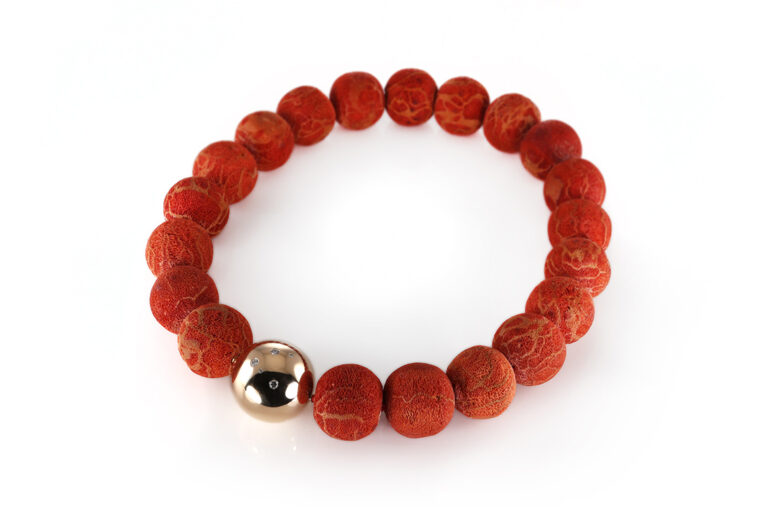 Schubart Korallenkette Koralle 40 Kugeln 5 Brillanten 750 Gelbgold [BRORS 20580]