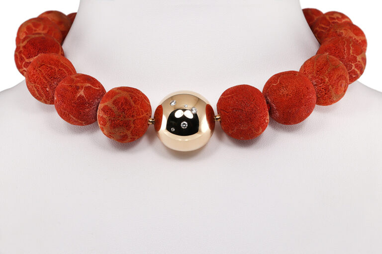 Schubart Korallenkette Koralle 40 Kugeln 5 Brillanten 750 Gelbgold [BRORS 20580]