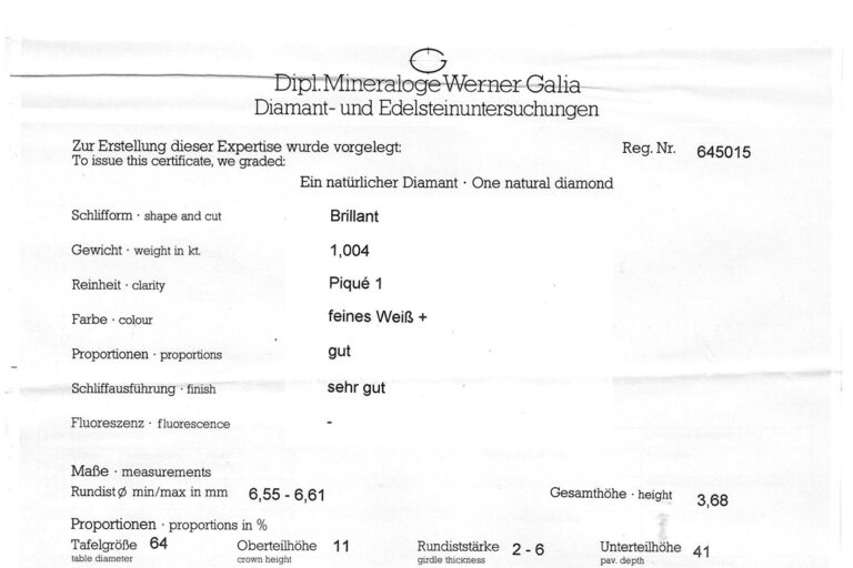 Ring 1 Brillant 1,004 ct F/P1 750 Gold Galia Gutachten Gr 63 [BRORS 20419]