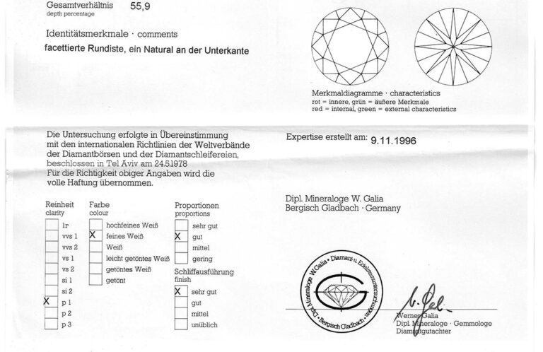 Ring 1 Brillant 1,004 ct F/P1 750 Gold Galia Gutachten Gr 63 [BRORS 20419]