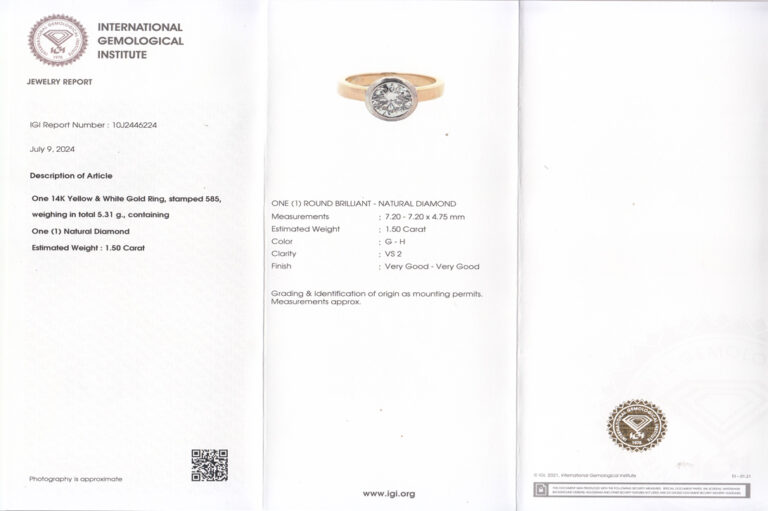 Ring vintage Brillant 1,5 ct G-H/VS2 585 Gold IGI Gutachten Gr 53 [BRORS 20578]