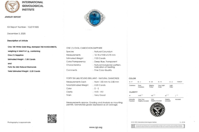 Ring 1 Saphir 7,0 ct + 46 Brillanten 2,2 ct. D-E Gold IGI Gr. 56 [BRORS 20594]
