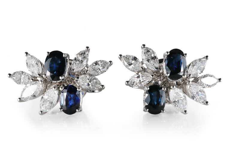 Ohrstecker 4 Saphire ca 2,0 ct + 14 Diamanten 2,0 ct D-E Gold IGI [BRORS 20595]