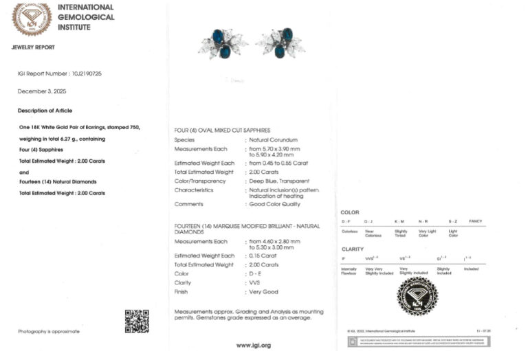 Ohrstecker 4 Saphire ca 2,0 ct + 14 Diamanten 2,0 ct D-E Gold IGI [BRORS 20595]