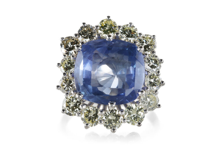 Ring Saphir unbehandelt 7,0 ct Sri Lanka + 14 Brillanten Gold IGI [BRORS 20596]