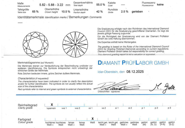 Ring 1 Brillant 0,66 ct Lupenrein/H +2 Diamanten 750 Gold DPL Gr 54[BRORS 20626]