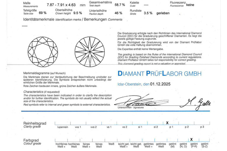 Collier 1 Brillant 1,74 ct. P-R/P1 750 Gelbgold DPL Gutachten [BRORS 20627]