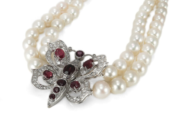 Hochwertige Salzwasser Perlenkette 80 Perlen Rubin Diamanten IGI [BRORS 17421]