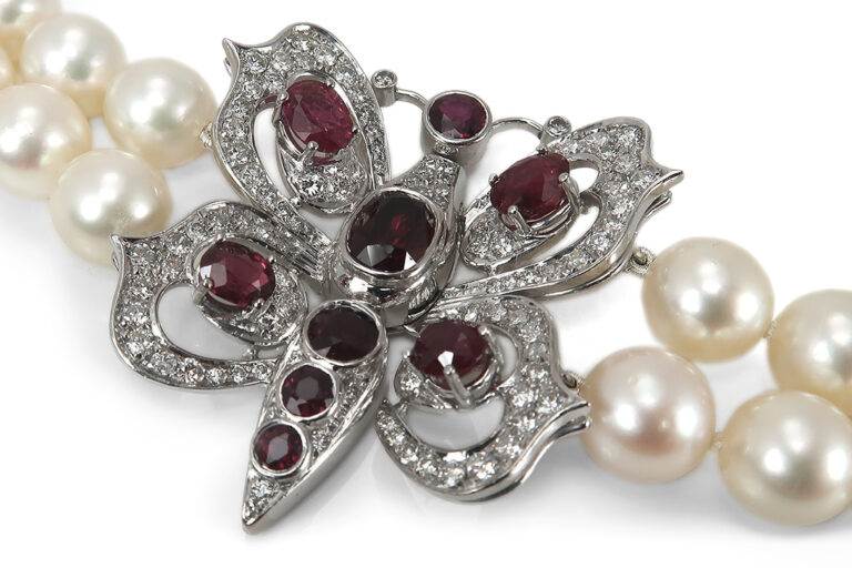 Hochwertige Salzwasser Perlenkette 80 Perlen Rubin Diamanten IGI [BRORS 17421]