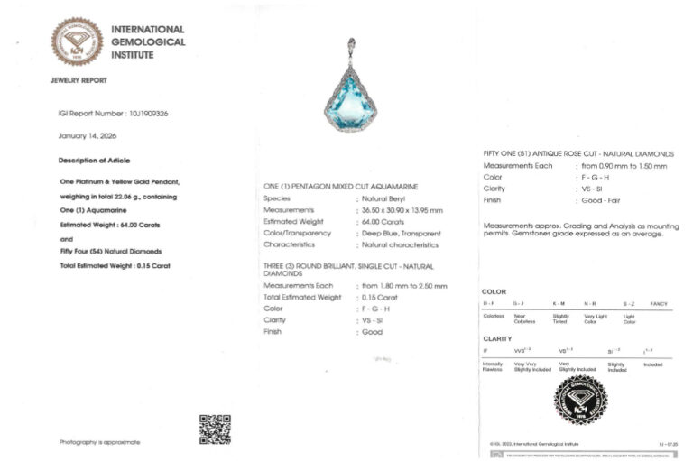 Aquamarin Anhänger 64 Karat ! Deep Blue + 54 Dia. Platin Gold IGI [BRORS 20631]