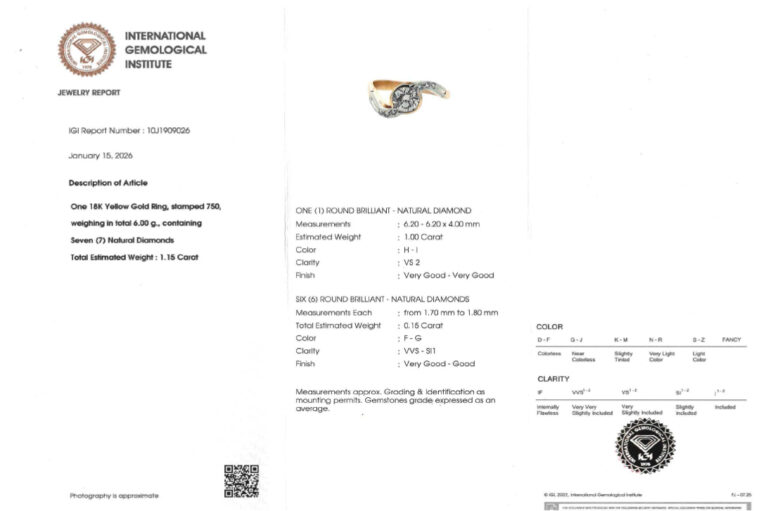 Ring Brillant Einkaräter H-I/VS2+ 6 Brillanten 750 Gold IGI Gr 60 [BRORS 20635]