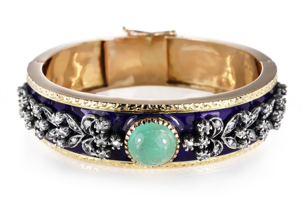 Armreif Smaragd ca 5 ct + 58 Diamantrosen + Emaille Gelbgold IGI [BRORS 20637]