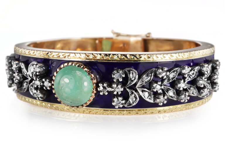 Armreif Smaragd ca 5 ct + 58 Diamantrosen + Emaille Gelbgold IGI [BRORS 20637]