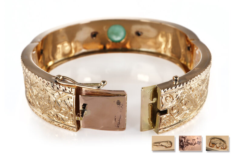 Armreif Smaragd ca 5 ct + 58 Diamantrosen + Emaille Gelbgold IGI [BRORS 20637]